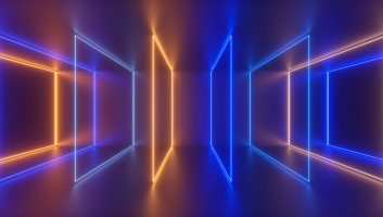 3d abstract neon background, blue yellow square frames sequence, glowing light, holographic technology, ultraviolet spectrum, digital file storage metaphor, virtual reality, laser show