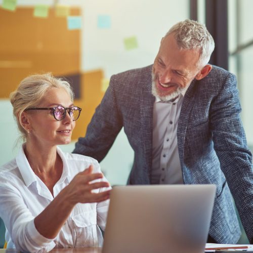 Business people at work. Two cheerful mature colleagues looking at laptop screen and discussing project results while working together in the modern office